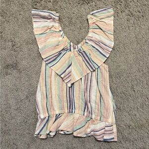 Pastel Striped Ruffle Sleeve Blouse